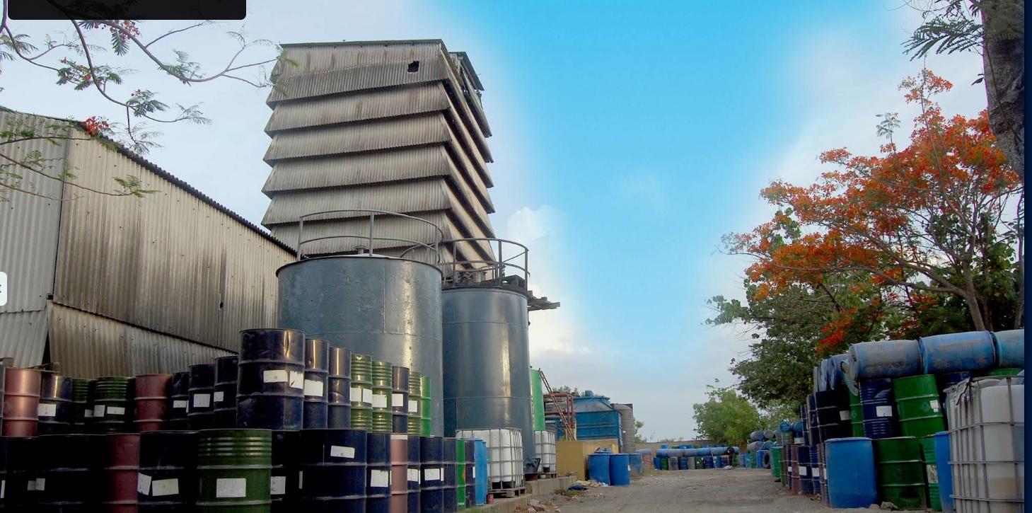 Bulk chemical solvent drum inventory yard and holding tanks at Sri Chementor Perumbakkam plant